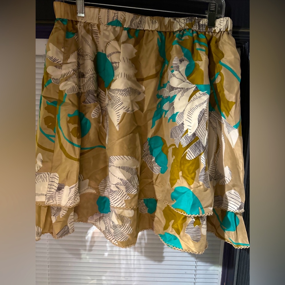 Anthropologie Odille Womens Medium Silk Mini Skirt Beige Floral Shimmer Layered